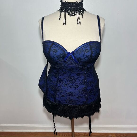 NWT Baci Blue/Black Corset with Garter Belt‎ and Thong Panties - 3X (16-20) - Picture 5 of 16